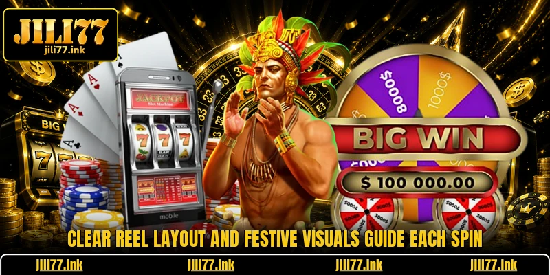 Clear reel layout and festive visuals guide each spin