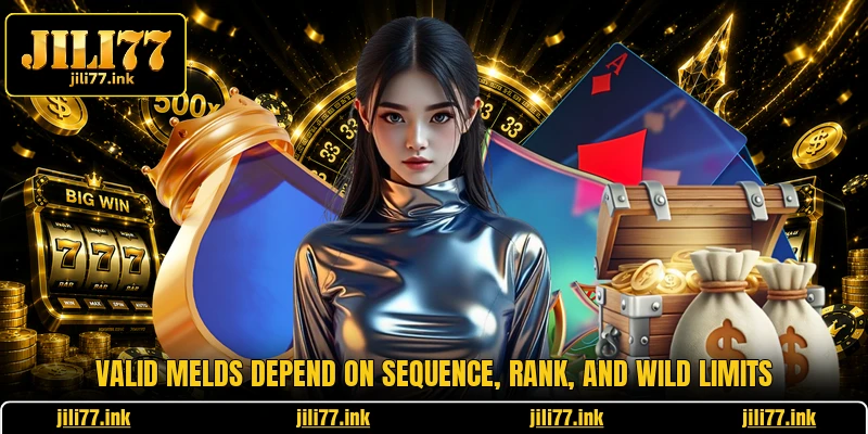 Valid melds depend on sequence, rank, and wild limits